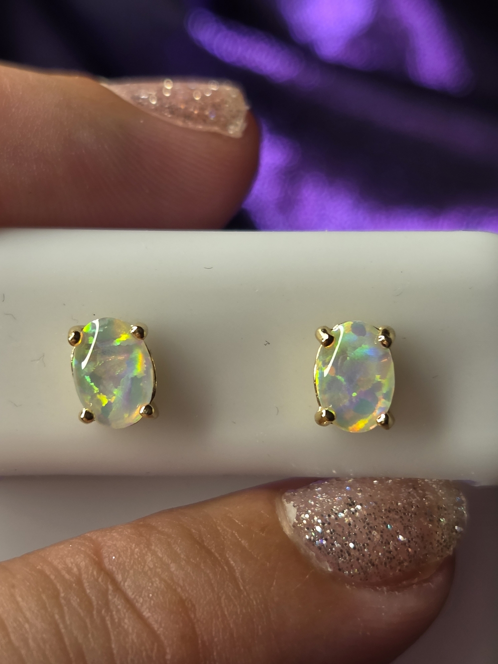 925 Sterling Silver White Fire Opal Oval Stud Earrings in Gold Vermeil